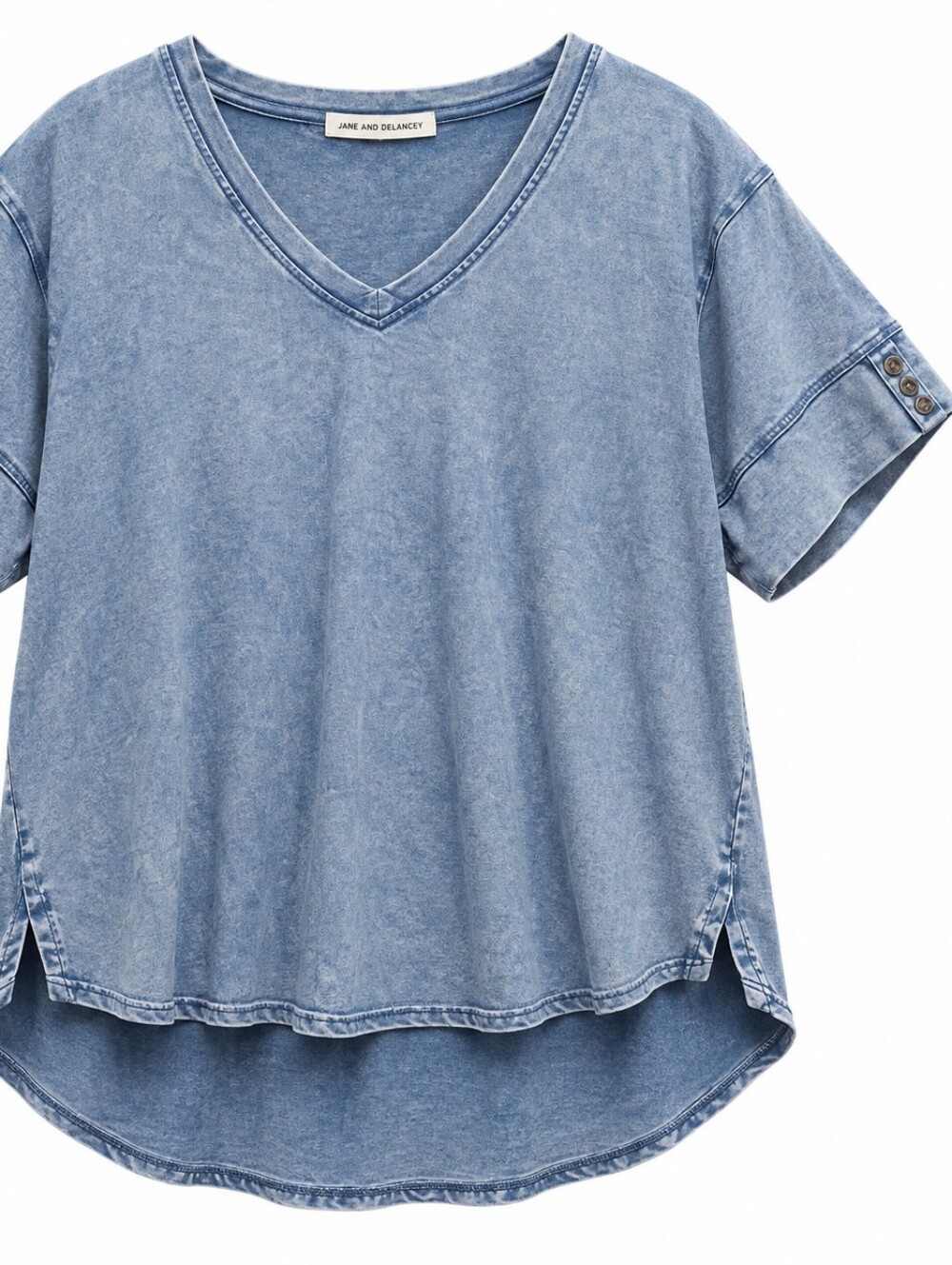 497-Jane + Delancey Anthropologie Washed Blue V-Neck Short Sleeve Top